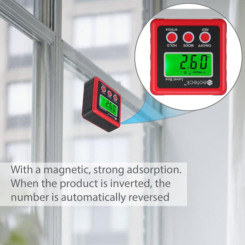 Neoteck Digital Angle Finder, Backlight LCD Digital Angle Gauge Protractor Inclinometer Bevel Box, Magnetic Base, Data Hold, IP54 Dust and Water Resistant- Red - Image 4